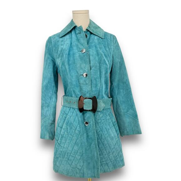 Vintage Jackets & Blazers - Vintage 1970s Suburban International Teal Suede Jacket Mid Length Belted Western